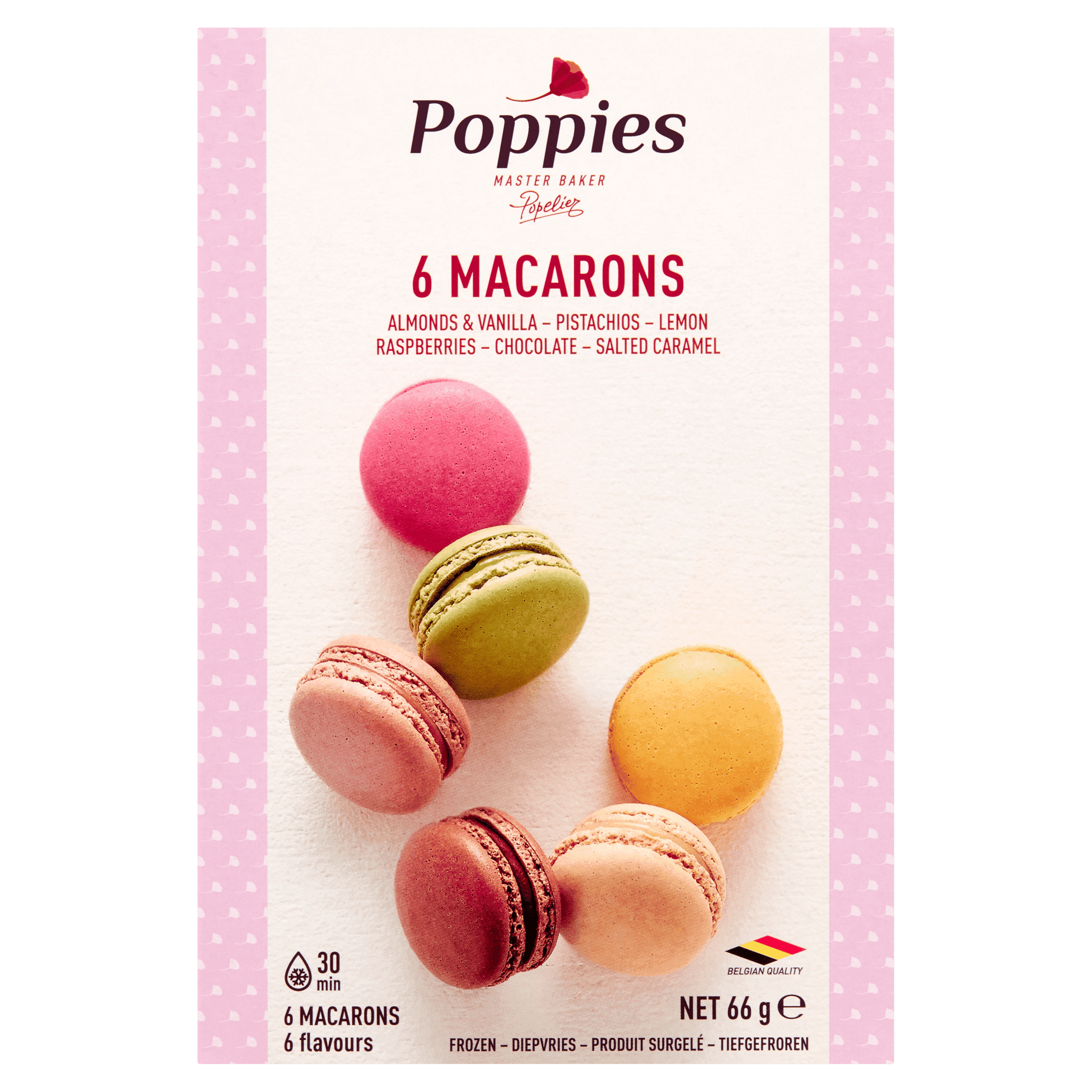Poppies Macarons framboos pistache chocolade