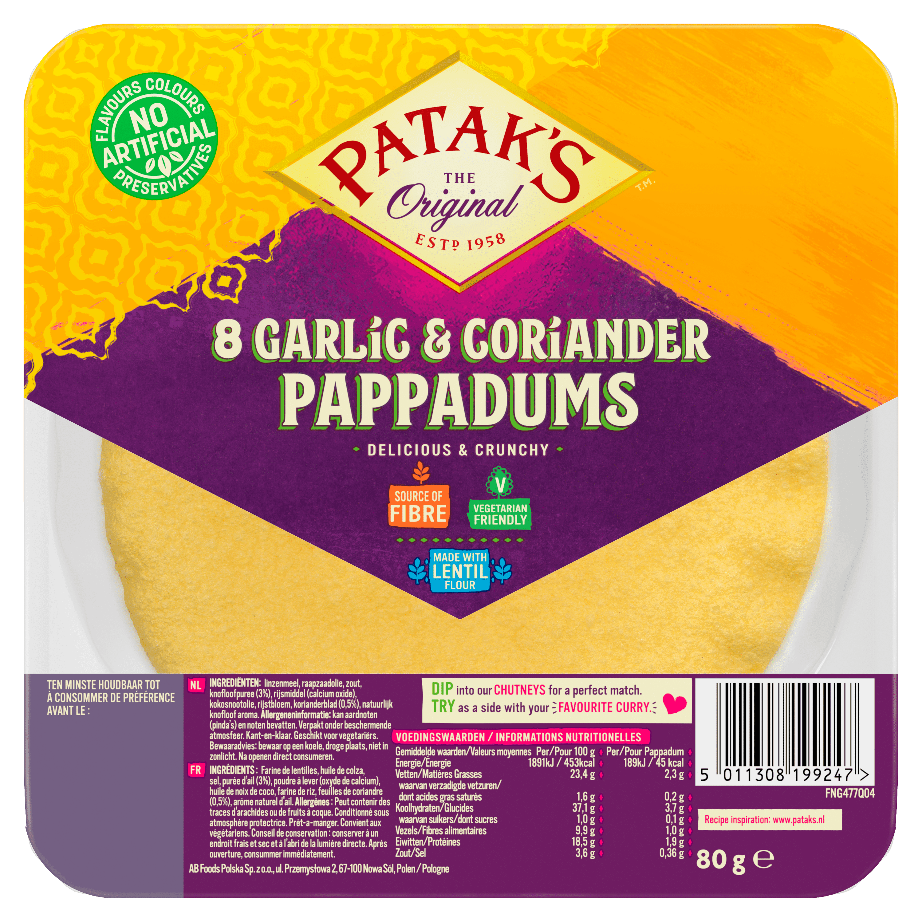 Patak's Pappadums Knoflook & Koriander