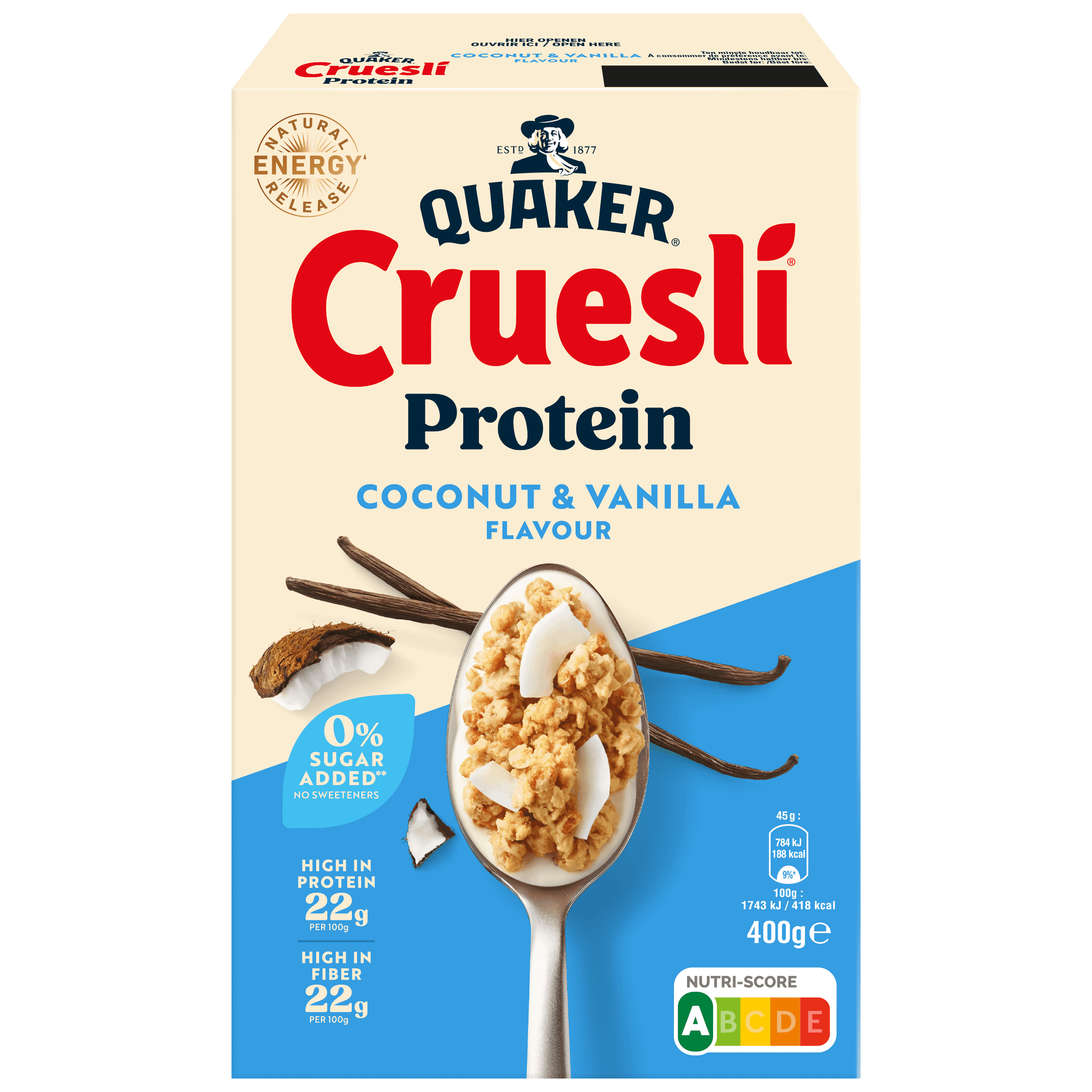 Quaker Cruesli proteine coconut&van