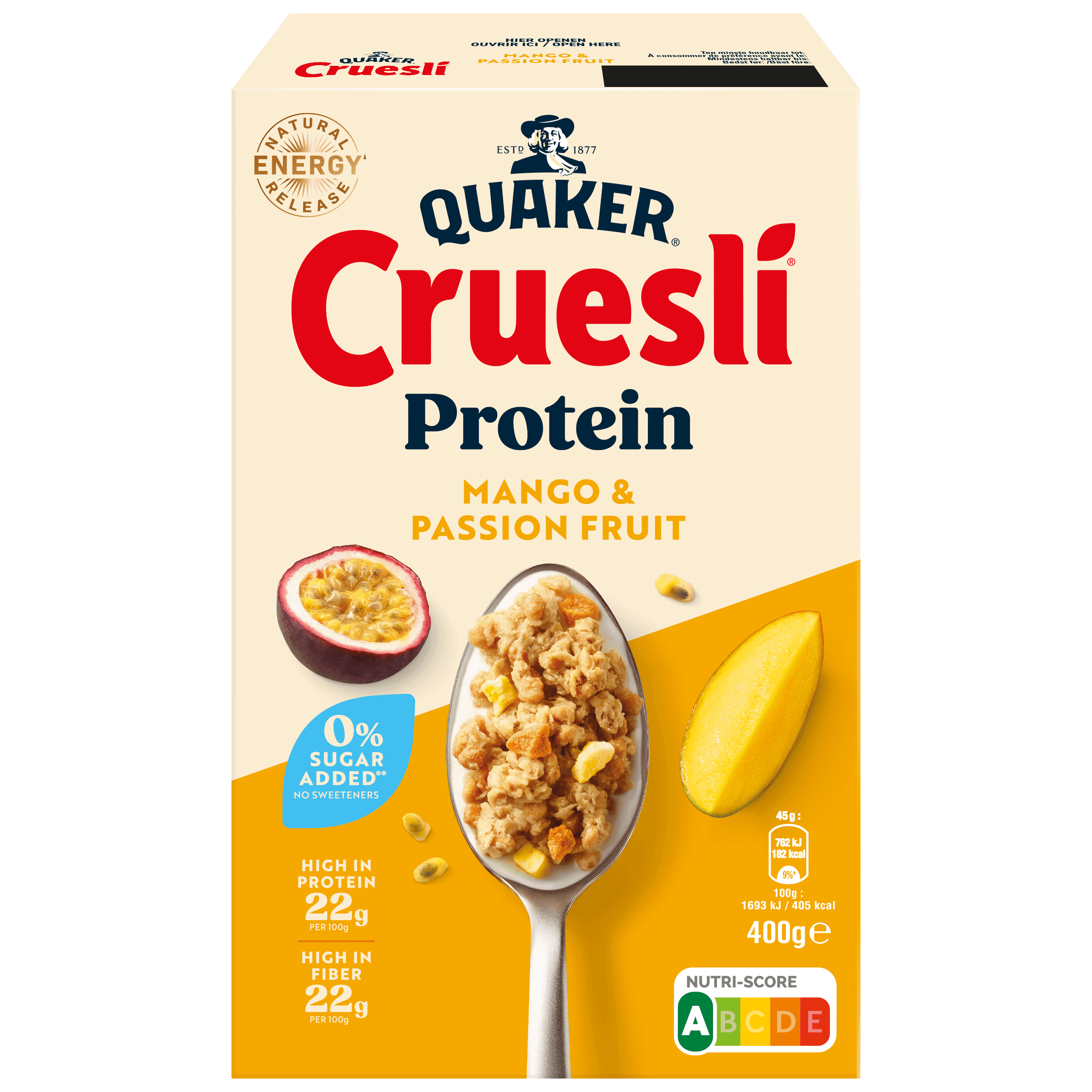 Quaker Cruesli proteine ZSA mango fr