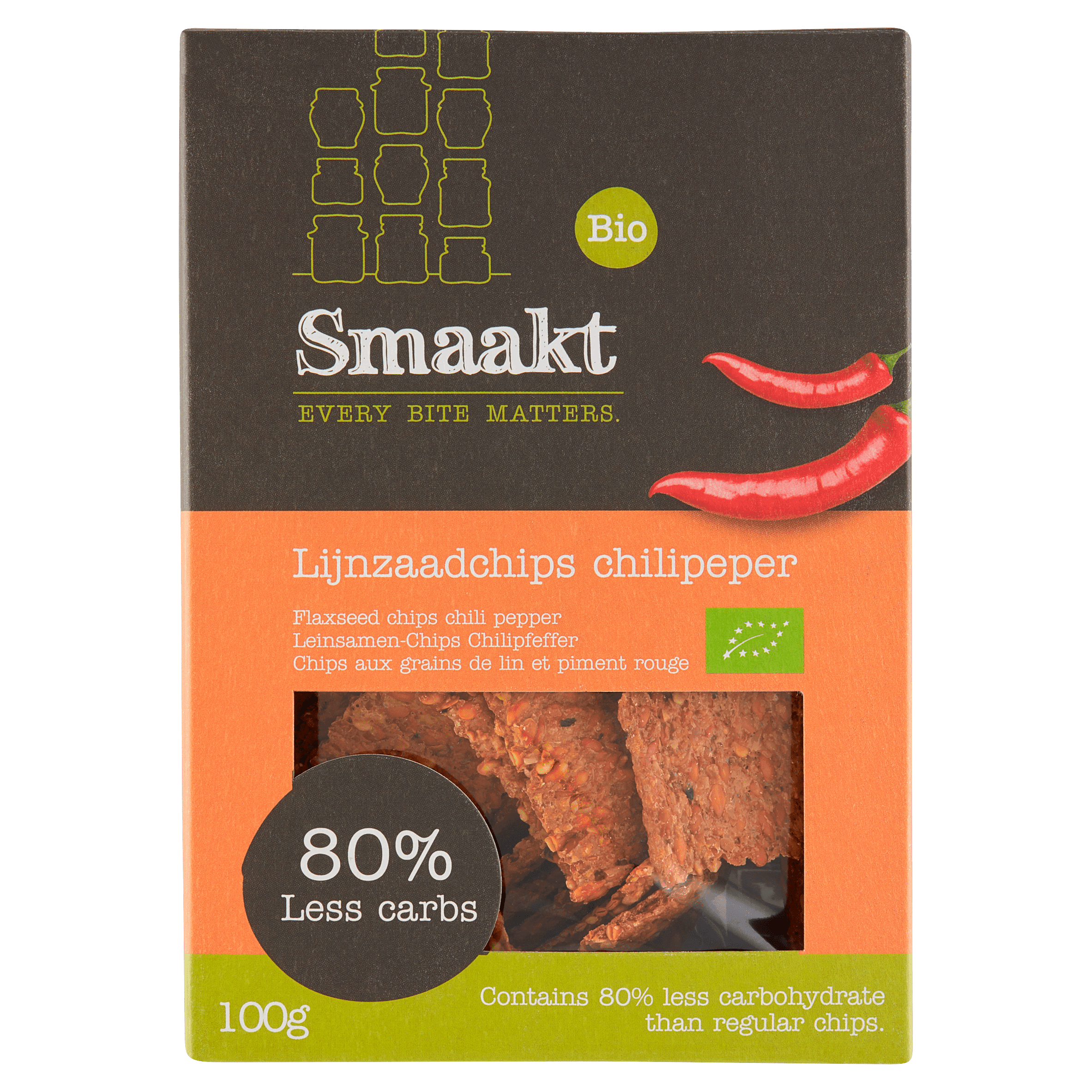 Smaakt Less Carb Lijnzaadchips Chili bio