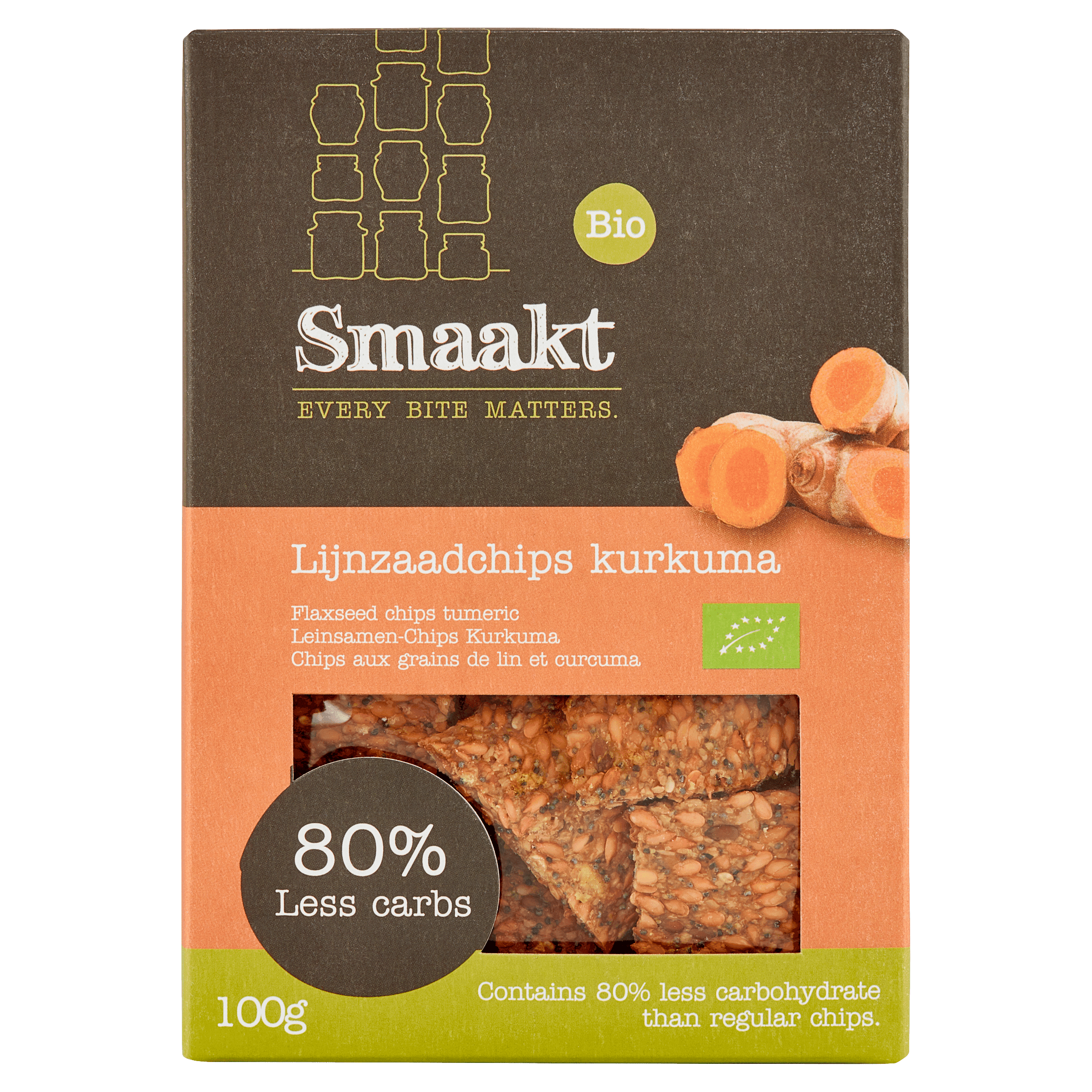 Smaakt Less Carb Lijnzaadchips Kurkuma bio