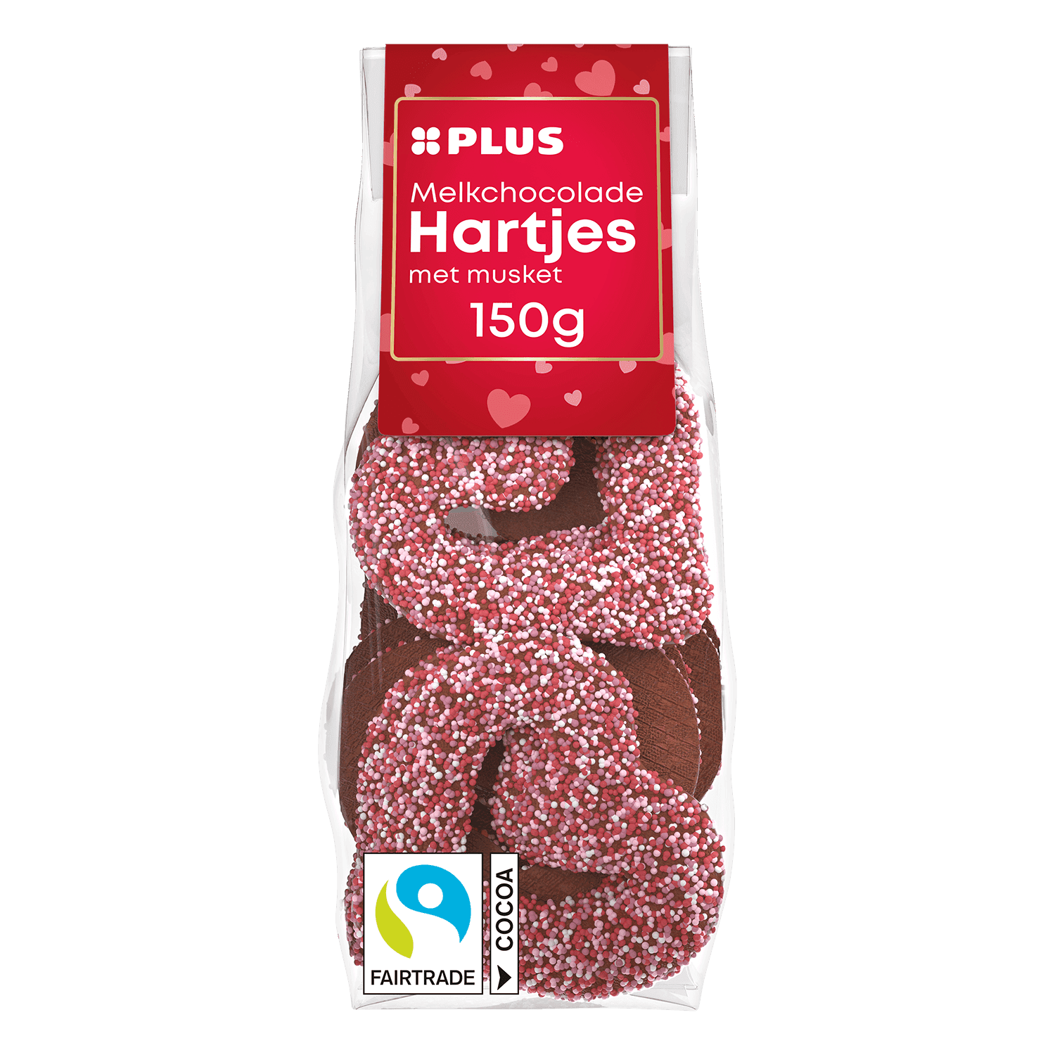 Feestelijk PLUS Melkchocolade muskethartjes rood roze