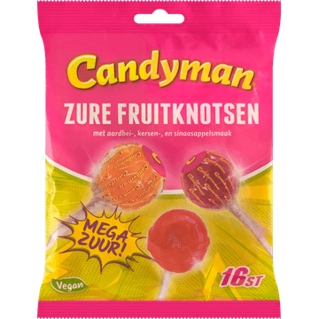 Candyman Zure Fruitknotsen met Aardbei-, Kersen-, en Sinaasappelsmaak 16 Stuks 192 g