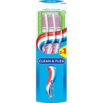 Aquafresh Clean&Flex Medium dagelijkse Tandenborstel 2+1 gratis, in 100% plasticvrije verpakking