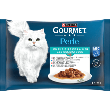 Gourmet Perle Zee Delicatesse, Met Zeevis En Garnaal, Met Zalm En Garnaal, Met Schol En Garnaal, Met Tonijn En Garnaal, 85g Pouch
