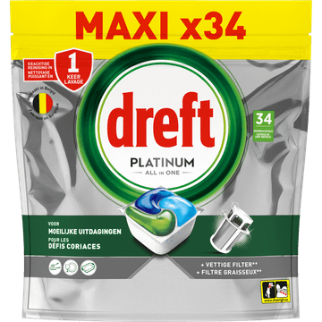 Dreft Platinum All In One Vaatwastabletten, Original, 34 Capsules