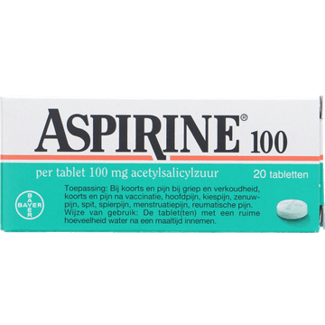 Aspirine tabletten 100 mg, helpt bij pijn, 20 stuks