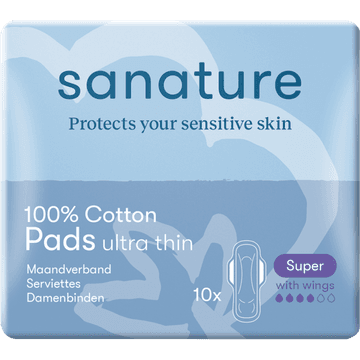 Sanature 100% Katoenen Maandverband Ultra Super met vleugels 10 stuks