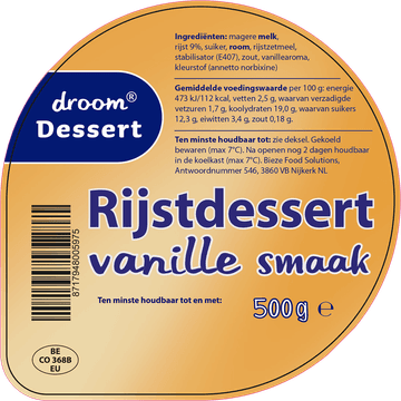 Droom Rijstdessert Vanille Smaak 500 g