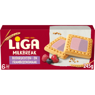 Liga Milkbreak Bosvruchten- en Frambozensmaak 6x2 biscuits 245 g