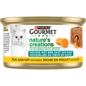 PURINA® Gourmet® Nature's Creations Mousse met een Hart van Saus, Rijk aan Kip met Wortelen Kattenvoer 85g