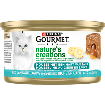 PURINA® Gourmet® Nature's Creations Mousse met een Hart van Saus, Rijk aan Kabeljauw Kattenvoer 85g
