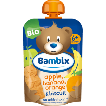 Bambix Knijpzakje Appel, Banaan, Sinaasappel & Koekjes Bio 6M+ 100g