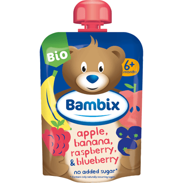 Bambix Knijpzakje Appel, Banaan, Framboos & Blauwe Bes Bio 6M+ 100g