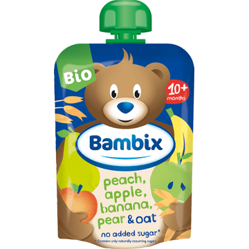 Bambix Knijpzakje Appel, Perzik, Banaan, Peer & Haver Bio 10M+ 100g