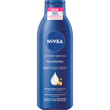 NIVEA Verzorgende Body Milk - met Hyaluronzuur Zachte Amandel Olie en Voedend serum - Body Melk met 72 Uur Hydratatie - Voor Droge tot Zeer Droge Huid - 250ml