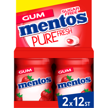Mentos Gum Pure Fresh Aardbei Suikervrij Mini Pot 2x12 stuks