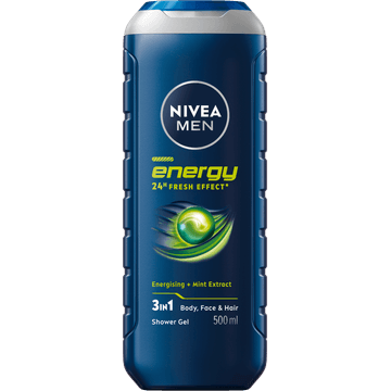 NIVEA MEN Energy Douchegel - 500ml - 3-in-1 shower gel met mintextract - Shampoo - Voor lichaam, gezicht en haar