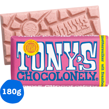 Tony's Chocolonely Wit 28% Framboos Knettersuiker Chocolade Reep 180 g