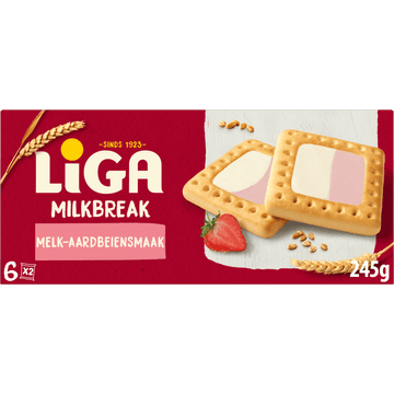 Liga Milkbreak Melk-Aardbeiensmaak 6x2 biscuits 245 g