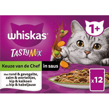 Whiskas 1+ Kattenvoer- Tasty Mix - Keuze van de Chef in saus - maaltijdzakjes 12x85g
