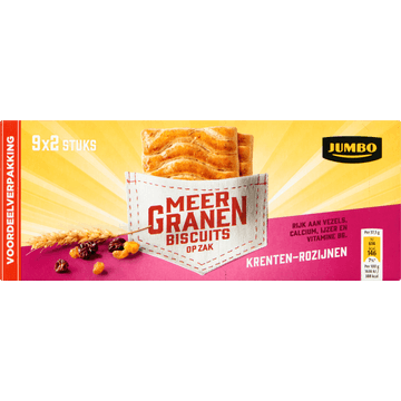 Jumbo Meergranen Biscuits Rozijn Voordeel Verpakking 9 x 37,5 g