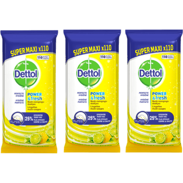 Dettol Power & Fresh Multi-Reinigingsdoekjes Sprankelende Citroen & Limoen Super Maxi 3 x 110 Stuks