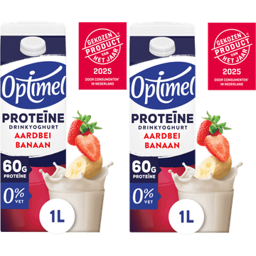 Optimel Proteïne Drinkyoghurt Aardbei Banaan 0% Vet 2 x 1L