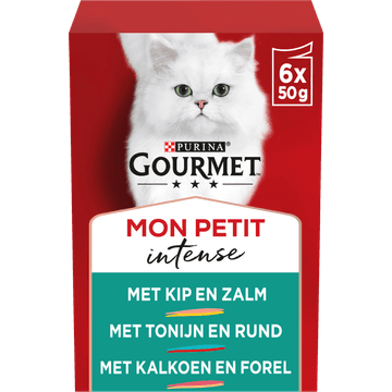 PURINA® Gourmet® Mon Petit Intense DUO Fijne stukjes met Kip en Zalm, met Tonijn en Rund, met Kalkoen en Forel 6x50g natvoer